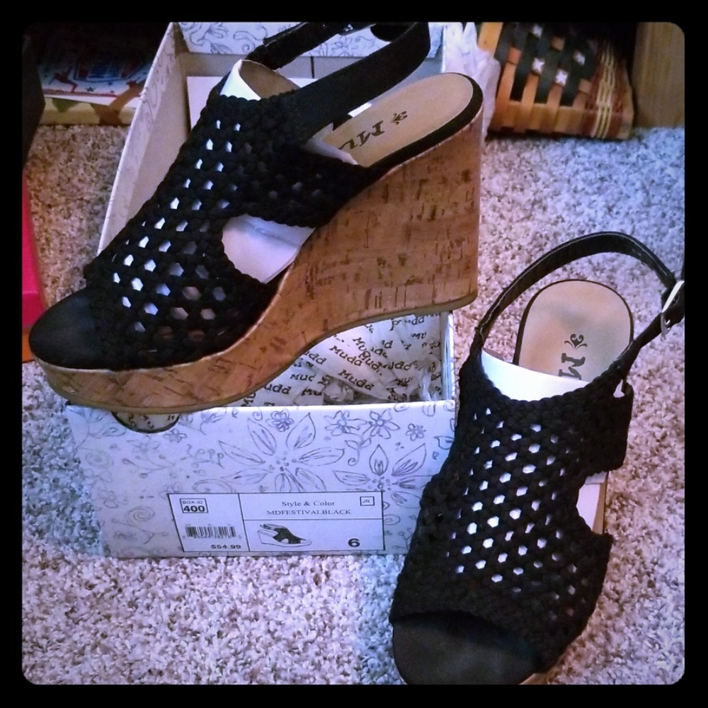 Black Woven Sandal Platform Cork Wedges